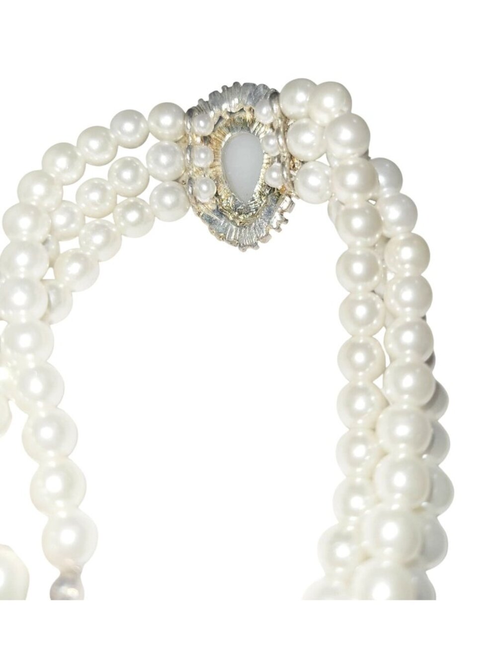 Faux Pearl With Tear Drop Crystal Cabochon Three Row Bracelet Silver Tone Clasp - Picture 8 of 10